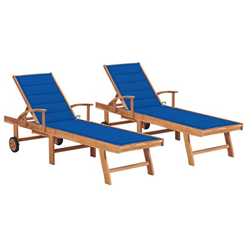 vidaXL 2X Teak Massiv Sonnenliege mit Königsblauen Auflagen Gartenliege Liege Gartenmöbel Relaxliege Strandliege Holzliege Liegestuhl Freizeitliege