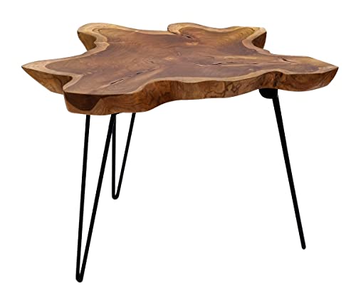 Brillibrum Design Teakholz Klapptisch Wohnzimmertisch Holz Beistelltisch einzigartige Teak Tischplatte auf Metallgestell Couchtisch Holz Baumscheibe klappbar Teaktisch 45 cm Höhe