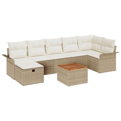 vidaXL 8-Teiliges Garten Sofa Set mit Kissen | Outdoor Rattan Beige Teakholz Modular Langlebig Wetterfest Perfekt für Terrassen & Balkone Vier-Sitzer Möbel Patio Couch 4 Pe