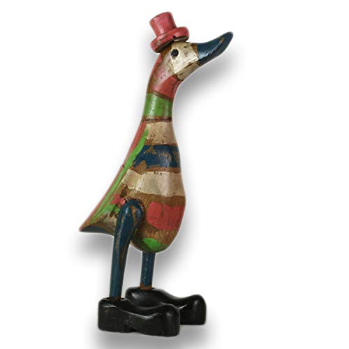 ART-CRAFT Holz Ente Lauf Ente Gartendeko Figur aus Bambus Wurzel und Teak Holz im Vintage Look handbemalt 25cm hoch