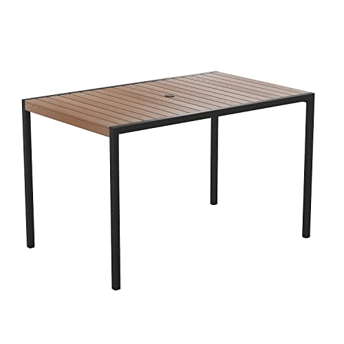 Flash Furniture Esstisch für den Außenbereich, mit synthetischen Teakholz-Lamellen, Stahlrahmen, Restauranttisch mit Schirmhalterloch, Holz, braun (Teak), 30  x 48 