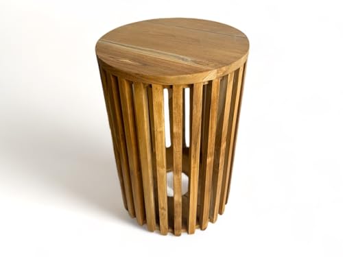 FaHome Handgefertigter Teakholz-Beistelltisch - Massivholz Natur-Unikat in Modernem Design – Holzleisten an den Seiten - Rundes Design