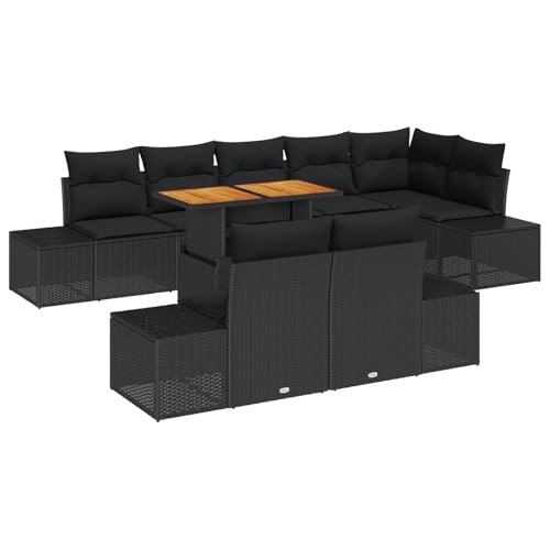 vidaXL 9-teiliges Schwarzes Outdoor Garten Esstisch Set mit Kissen und Teakholz Tisch perfekt für Patio Balkon 4-Sitzer Sofa Möbel Modulares PE Rattan