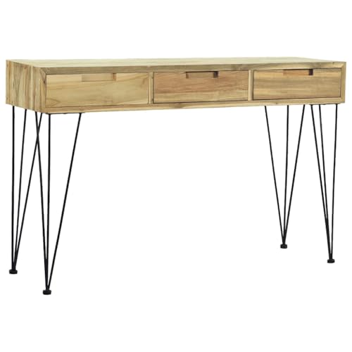 XinZaphrisal Konsolentisch 120 x 35 x 76 cm aus Massivholz Teak mit 3 Schubladen und schmiedeeisernen Beinen für Wohnzimmer Sideboard Schreibtisch Kolonialstil rustikal