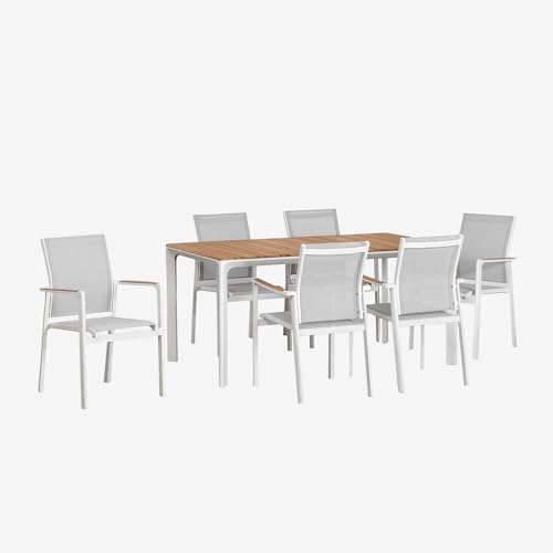 SKLUM Set aus rechteckigem Katiana-Tisch aus Aluminium und Teakholz (160 x 90 cm) und 6 Aluminium-Gartenstühlen Elvira Weiss