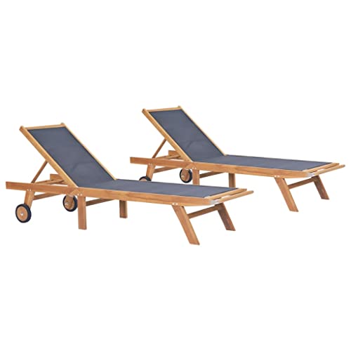 vidaXL 2X Teak Massiv Sonnenliege mit Rollen Klappbar Gartenliege Relaxliege Strandliege Gartenmöbel Liege Rollliege Freizeitliege Textilene