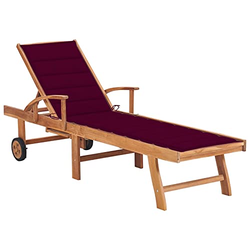 Rantry Sonnenliege mit Kissen aus massivem Teakholz, Weinrot, Dekor für Sonnenliegen, Sofabett, Gartenliege, Pool-Liege, Sonnenliege für den Garten