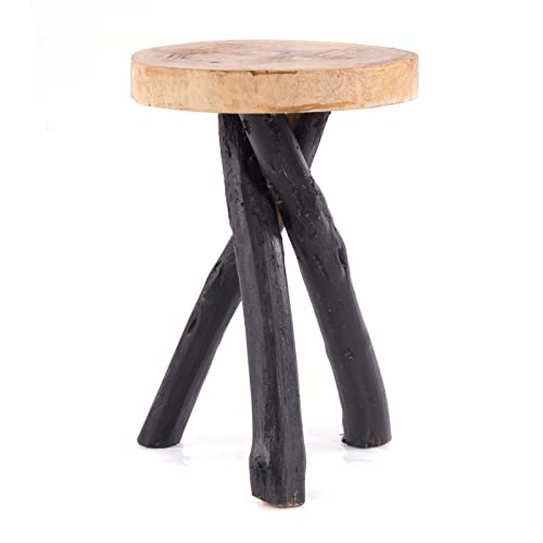 Rustikaler HOLZTISCH TEAK 40 mit Gestell aus Holz Stämmen| 41x34cm (HxØ), Teakholz | rustikaler Beistelltisch, Dreibeintisch, Fußhocker, Telefontisch, Pflanzenhocker | Farbe: 04 schwarz-natur