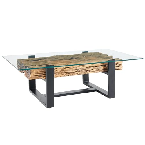 riess-ambiente.de Design Couchtisch Barracuda 130cm recyceltes Teakholz Glas Industrial, Beistelltisch für Dein Wohnzimmer, Coffetable, Wohnzimmertisch