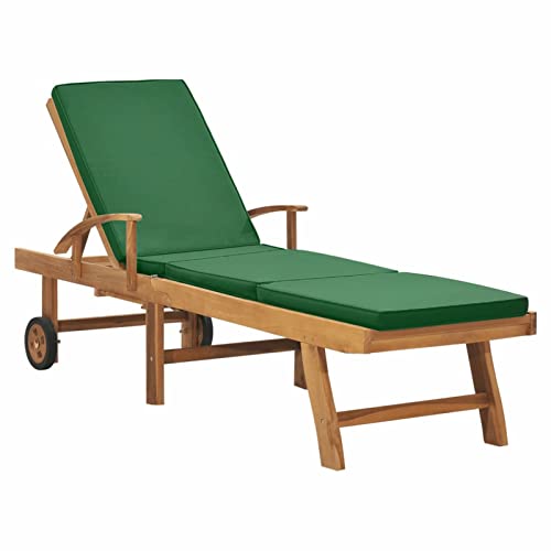 Terrassen-Chaiselongue mit Kissen, 2 Rollen, massives Teakholz, Outdoor-Sonnenliege, Gartenliege, bequeme Pool-Möbel, Grün