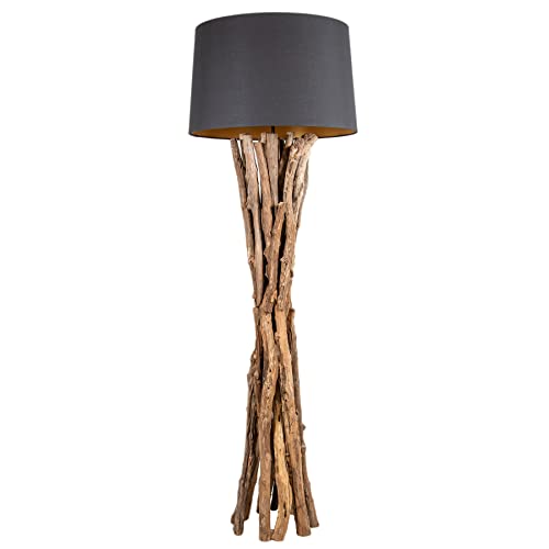 Riess Ambiente Massivholz Stehleuchte Harmony Nature 151cm schwarz Teak mit Baumwollschirm Wohnzimmerlampe Stehlampe Massivholzlampe