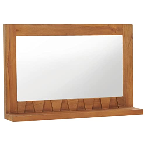 JUNZAI Wandspiegel mit Regal 60×12×40 cm Teak Massivholz, Wall Mirror, Spiegel Schlafzimmer, Garderobenspiegel, Spiegel Schmal, Badspiegel, Kosmetikspiegel, Dekorative Spiegel