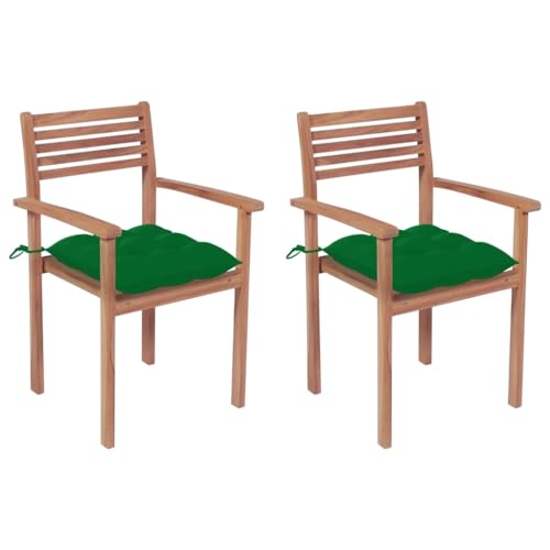 ULUYYUC Gartenstühle, Stühle Esszimmer Sessel Balkon Lounge Outdoor Sessel Geeignet für Speisesaal Hinterhof Schwimmbad Außenbereich 2 STK. mit Grünen Kissen Massivholz Teak