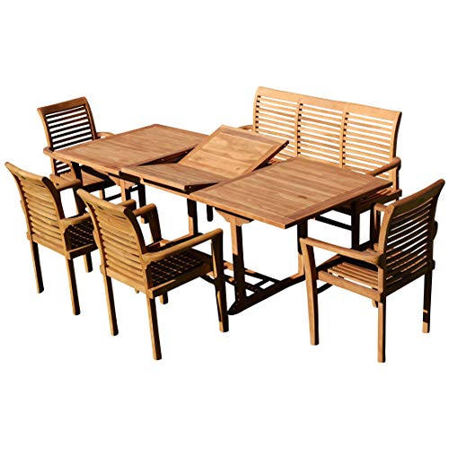 ALEOS. Teak Set: Gartengarnitur SABA Ausziehtisch 150-210 cm x 90 cm + 4 Alpen Sessel + 1 Bank 150cm Serie JAV