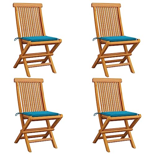Owoxanthellate klappbare Gartenstühle aus massiv Teak mit blauen Kissen 47x60x89 cm wetterfest Modernes Design & platzsparend für Balkon Terrasse Camping