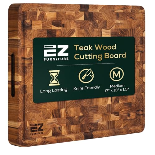 EZ FURNITURE Schneidebrett aus Teakholz, 43,2 x 33 cm, Hirnholz mit Saftrille und Griffen, messerfreundlich, wendbar, geeignet zum Hacken von Fleisch, Gemüse, Ästhetik für die Küche