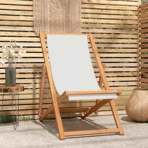 Owoxanthellate Liegestuhl Teak 56x105x96 cm cremefarbener Gartenstuhl mit Verstellbarer Rückenlehne, wetterfestes Hartholz, klappbar für Balkon, Terrasse, Camping und Strand