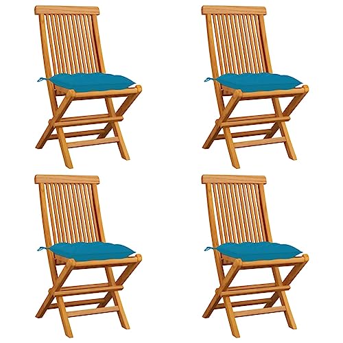 Owoxanthellate Klappbarer Gartenstuhl Set 4 Teak Massivholz Stühle hellblau gepolstert 47 x 60 x 89 cm platzsparend wetterfest für Balkon Terrasse Camping
