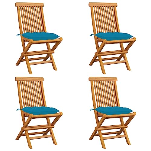 Youuihom Stühle für draußen Liegestuhl Garten-Freizeitstuhl Gartenstühle mit Hellblauen Kissen 4 STK. Massivholz Teak Geeignet für Rasen, Strand, Swimmingpool, Garten, Rasenflächen