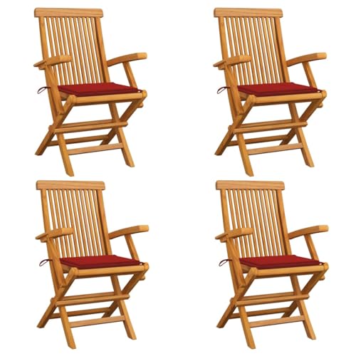ZEYUAN Gartenstühle mit Roten Kissen, Gartenmöbel, Balkonstühle, Hochlehner, Balkonmöbel, Bistrostuhl, Garten Stühle, Sit Möbel, Armlehnenstuhl, 4 STK. Teak Massivholz