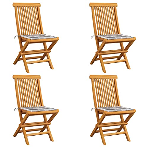 Frdhee Essstuhl Lounge Sessel Camping Stuhl,Gartenstühle Graue Karomuster Kissen 4 STK. Massivholz Teak,Für Garten,Pool,Terrasse,Esszimmer,Gartenmöbel,Ergonomisches Design