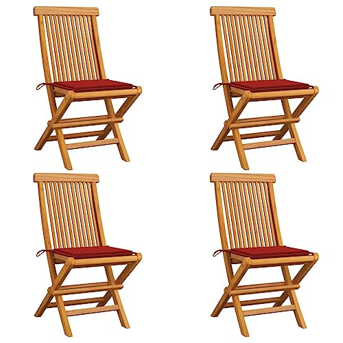 UTSRABFA Stühle für draußen Terrassenstuhl Gartenstühle Esszimmerstühle Gartenstühle mit Roten Kissen 4 STK. Teak Massivholz Geeignet für Garten, Rasen, Strand, Terrasse