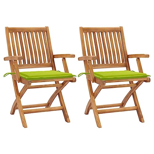 Youuihom Stühle für draußen Liegestuhl Garten-Freizeitstuhl Gartenstühle 2 STK. mit Hellgrünen Kissen Teak Massivholz Geeignet für Rasen, Strand,Sonnenzimmer, Rasenflächen