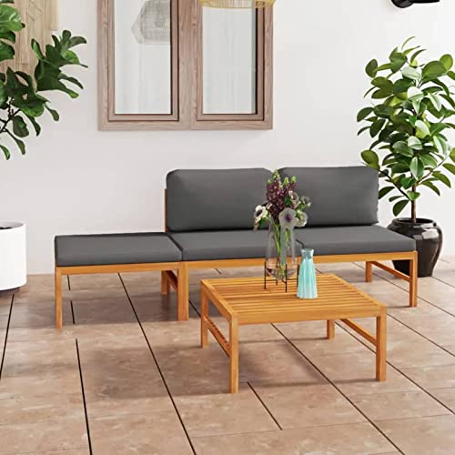 Brokky 4-TLG. Garten-Lounge-Set mit Grauen Kissen Sitzgruppe Outdoor Balkon MöBel Balkon MöBel Sitzgarnitur Gartenz GartenmöBeln Massivholz Teak
