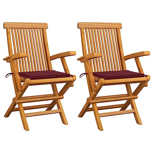 Xichuzi Gartenstühle mit Weinroten Kissen, Gartenmöbel, Balkonstühle, Hochlehner, Balkonmöbel, Bistrostuhl, Garten Stühle, Sit Möbel, Armlehnenstuhl, 2 STK. Massivholz Teak