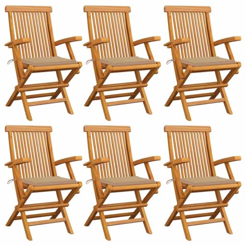 vidaXL 6X Teak Massiv Gartenstuhl mit Beige Kissen Armlehnen Gartenstühle Klappstuhl Klappstühle Holzstuhl Gartenmöbel Stuhl Stühle