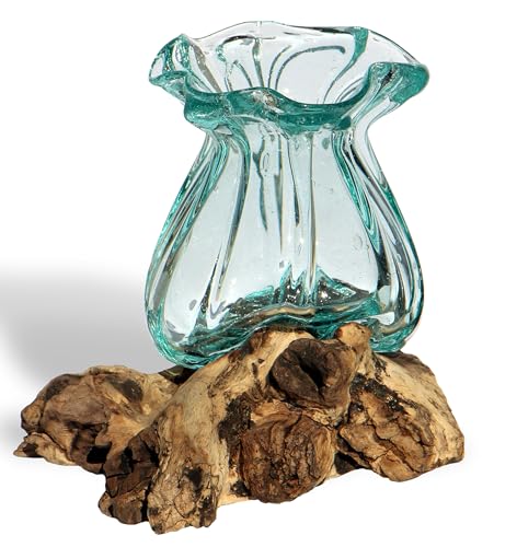 Geschenk Idee Dekoration Wohnung Gamal Wurzel Holz Glas Ø Glas 12-13 cm Vase Teakholz Handarbeit Vase Pott S