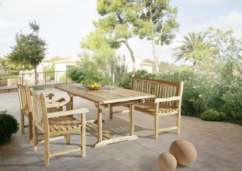 SAM® Gartengruppe, 4 teilig, Gartenmöbel aus Teak-Holz, mit 2 x Garten-Sessel und 1 x Garten-Bank, Auszieh-Tisch mit Schirmloch, Terrassen-Möbel aus Holz, Teakholz-Möbel [521619]