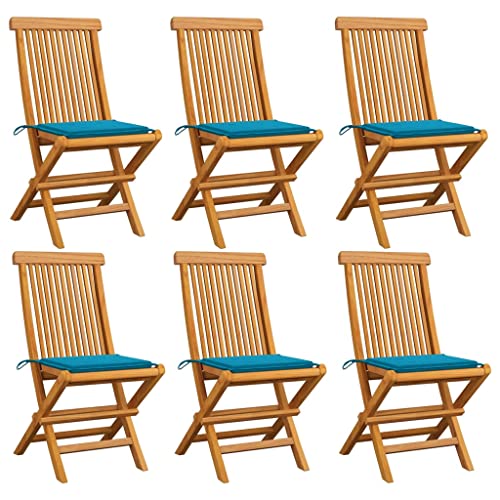 UTSRABFA Stühle für draußen Terrassenstuhl Gartenstühle Esszimmerstühle Gartenstühle mit Blauen Kissen 6 STK. Massivholz Teak Geeignet für Garten, Rasen, Strand, Terrasse