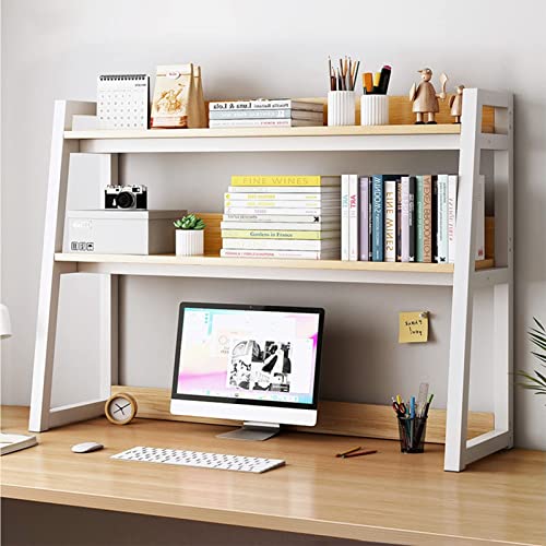 BerbO 2-stufiges, verstellbares Desktop-Displayregal für das Arbeitszimmer, Leiter-Desktop-Bücherregal für den Computertisch, geeignet für Arbeitszimmer/Büro/Küche, weiß + Teakholz