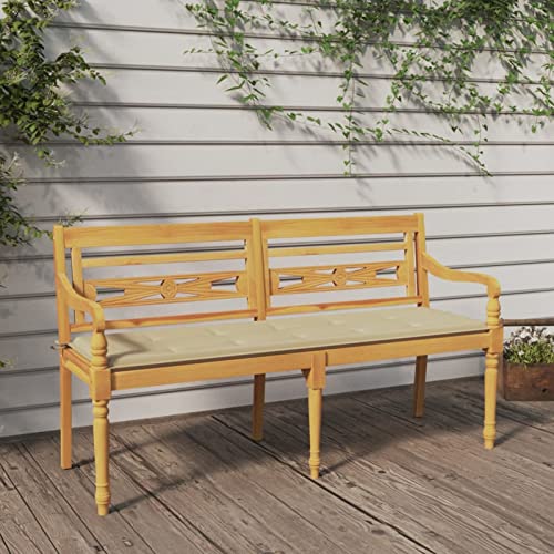 Xichuzi Batavia-Bank mit Beigem Kissen, Gartenbank, Bank Garten, Sitzbank Garten, Parkbank, Gartenmöbel, Außenbank, Sitzbank Outdoor Wetterfest, 150 cm Massivholz Teak