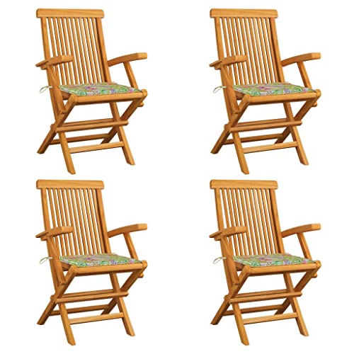 Willood Gartenstühle mit Blattmuster-Kissen Gartenmöbel 4 STK. Massivholz Teak