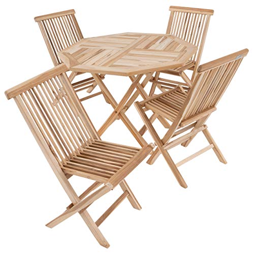 Divero Gartenmöbel Set Teak 1 Tisch Ø 90 achteckig mit 4 Stühlen klappbar massiv Balkonset Sitzgruppe
