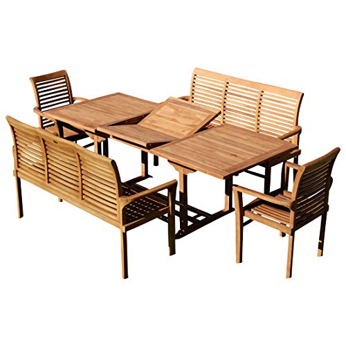 ALEOS. Teak Set: Gartengarnitur SABA Ausziehtisch 150-210 cm x 90 cm + 2 Alpen Sessel + 2 Bänke 150cm Serie JAV