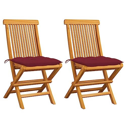 Frdhee Lounge Sessel Esszimmerstühle Gartenstuhl,Gartenstühle mit Weinroten Kissen 2 STK. Massivholz Teak,Relaxstuhl Für Balkon,Garten,Strand,Kann Schnell Zusammengebaut Werden