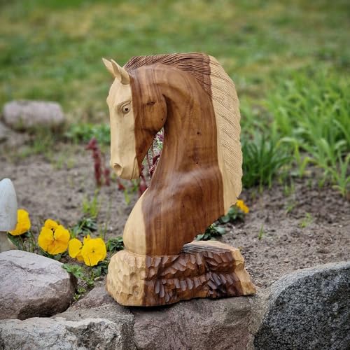 Budawi® XL Holzskulptur Pferd Pferdebüste Pferdeskulptur Deko Figur Statue Pferdekopf aus Teakholz