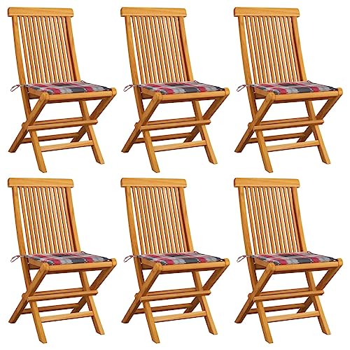 UTSRABFA Stühle für draußen Terrassenstuhl Gartenstühle Esszimmerstühle Gartenstühle mit Kissen 6 STK. Rot Karomuster Massivholz Teak Geeignet für Garten, Rasen, Strand, Terrasse