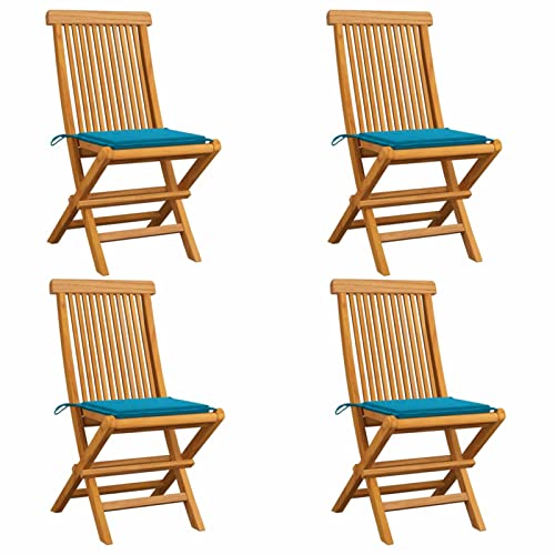 Tidyard 4 STK. Gartenstuhl Klappbar mit Blauen Kissen Klappstuhl Stühle Stuhl Gartenstühle Holzstuhl Essstuhl Gartenmöbel Teak Massivholz