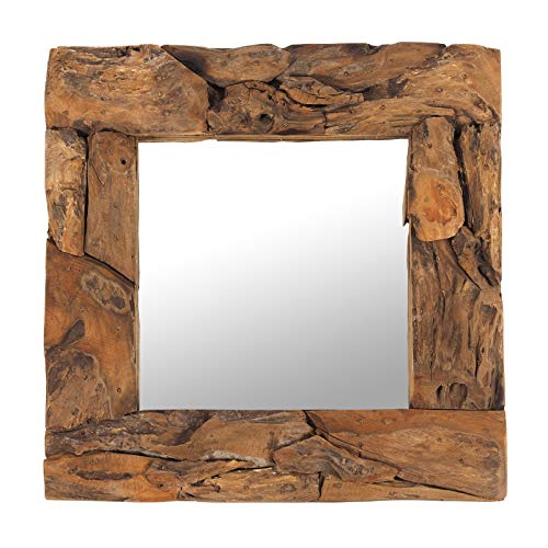 DESIGN DELIGHTS Holz WANDSPIEGEL Teak 50  | Teakholz (erodiert), Natur, 50x50x3 cm (HxBxT) | Spiegel mit Rahmen aus echtem Vintage Treibholz/Fundholz