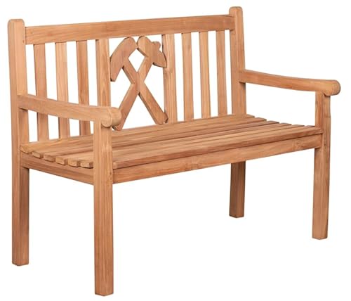 MR. DEKO® Gartenbank Motiv Teakholz | Holzbank mit Lehne | Friesenbank für draußen | 2-Sitzer 120x60x94 cm | Sitzbank Teak massiv & wetterfest Garten Balkon Terrasse | Parkbank zum Relaxen (Glückauf)