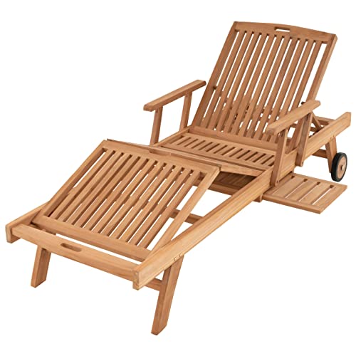 Sonnenliege Gartenliege Relax-Liege Teak-Holz inkl. Räder Tablett – Lehne & Fußteil verstellbar – behandelte Oberfläche Pool-Liege Balkonliege