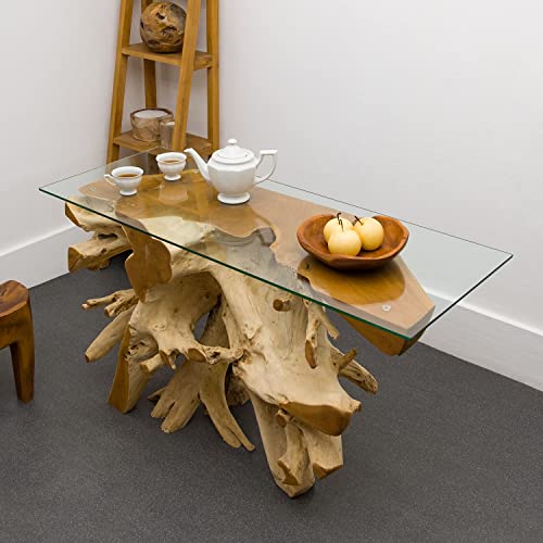 wohnfreuden Teak Massivholz Wurzel Tisch mit Glasplatte 120 cm Couchtisch