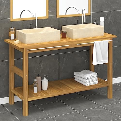 Homgoday Waschtisch für Badezimmer und Waschbecken, Marmor, Creme, Massivholz, Teakholz, Sideboard, Schrank, Bodenschrank für Badezimmer, Aufbewahrungsregal, Büroschrank