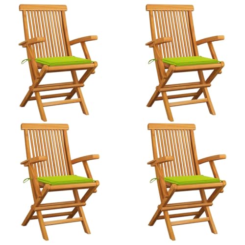 vidaXL 4X Teak Massiv Gartenstuhl mit Hellgrünen Kissen Armlehnen Gartenstühle Klappstuhl Klappstühle Holzstuhl Gartenmöbel Stuhl Stühle Terrasse