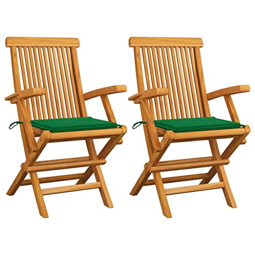 vidaXL 2X Teak Massiv Gartenstuhl mit Grünen Kissen Armlehnen Gartenstühle Klappstuhl Klappstühle Holzstuhl Gartenmöbel Stuhl Stühle
