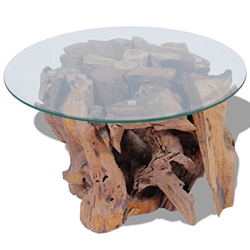 Festnight Couchtisch Kaffeetisch Coffeetisch mit Tischfuss aus Massives Teak-Treibholz Ideal als Beistelltisch Glas Tischplatte Durchmesser 60cm